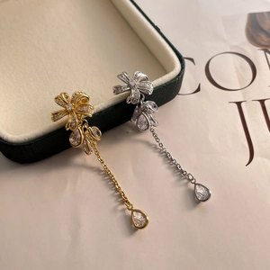 Zircon Flower Bowknot Long Tassel Earrings With 925 Sterling Silver Earring Post Copper Gold Plated Jewelry For Women