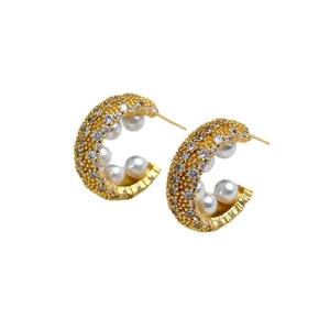 Elegant C-shaped 18K gold plated hoop earrings with white pearls and cubic zirconia