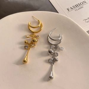 Copper Dangle Earrings For Women 18K Gold Plated C Shaped Hoop Metal Beads Clear Zircon Teardrop Pendant Elegant Vintage