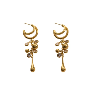 18K gold plated C-ring chain tassel earrings with drop pendants and diamond accents
