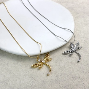 Elegant Dragonfly Pendant Necklace Copper Plated Zircon Inlaid Hollow Design Jewelry For Women Korean Fashion Style