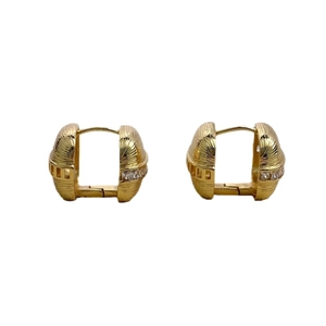 Elegant gold square hollow hoop earrings with textured finish and cubic zirconia stones