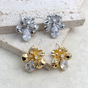Elegant Flower Stud Earrings Copper Peach Blossom Zircon With 925 Sterling Silver Earring Post Jewelry For Women