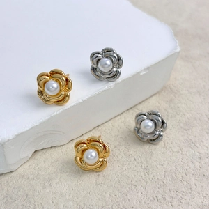 Camellia Flower Stud Earrings Copper 18K Gold Plated Artificial Pearl Inlaid 925 Sterling Silver Earring Post Elegant Women Jewelry