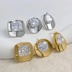 Zircon Copper Stud Earrings 18K Gold Plated Geometric Round Square Waterdrop Elegant Jewelry For Women