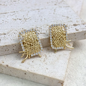 Retro Woven Mesh Geometric Rectangular Stud Earrings With Zircon Inlay And 925 Sterling Silver Earring Post