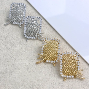 Minimalist woven metal rectangle stud earrings with crystal inlay in gold and silver finish