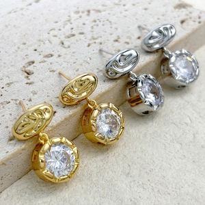 Round Cubic Zirconia Dangle Earrings Copper 18K Gold Plated Lava Texture Geometric Elegant Jewelry For Women