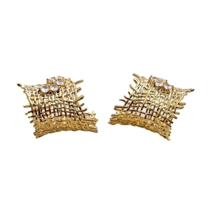Woven mesh gold earrings with sparkling zircon accents in a semi-hoop artistic design
