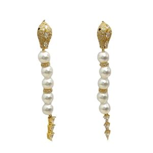 Elegant gold snake drop earrings with white pearls and sparkling diamond accents