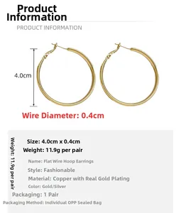 Detail view of 18K gold plated hoop earrings with 4.0cm diameter and size dimensions