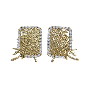 Vintage woven gold rectangle earrings with sparkling zircon borders and artistic details