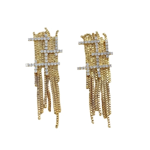 Boucles d'oreilles ailes d'ange dorées avec zircons scintillants et longues franges de chaînes