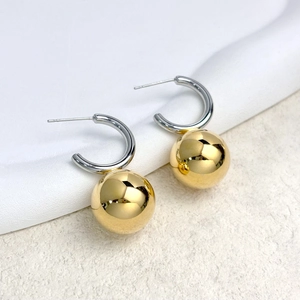 Minimalist silver C-shape earrings with large golden mirror spherical pendants for women
