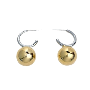 Modern two-tone C-shaped hoop earrings with polished golden spheres and silver hooks