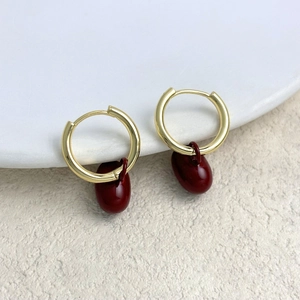 Boucles Oreilles Créoles Géométriques Rouge Vin Rétro Femmes Bijoux Cuivre Plaqué Or 18K Avec Pendentifs Émail