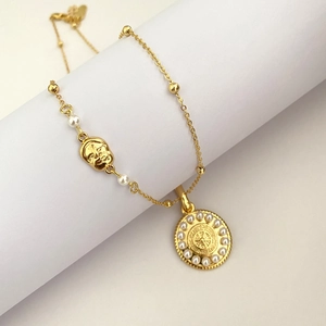 Collier Pendentif En Cuivre Doré Vintage Avec Fausse Künstliche Perle Soleil Pièce Relief Esthétique Bijoux Pour Femmes