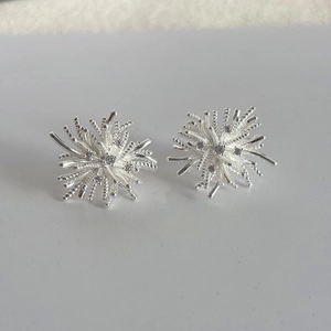 Close-up of silver starburst earrings with sparkling zircon crystals in firework design