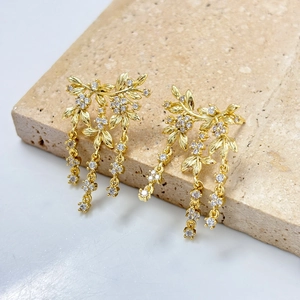 Leaf Flower Tassel Earrings Copper Cubic Zirconia With 925 Sterling Silver Earring Post Gold Plated Elegant For Women