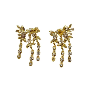 Elegant gold-plated leaf tassel earrings with sparkling zircon stones on white background