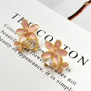 Pink Enamel Flower Stud Earrings Copper 18K Gold Plated Round Zircon Sweet Floral Jewelry For Women