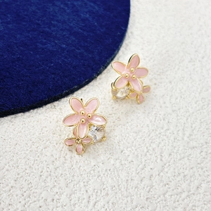 Luxury pink enamel flower earrings with sparkling zircon crystals and 18K gold plating