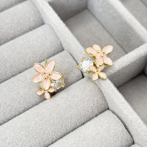 Elegant 18K gold-plated pink flower stud earrings with sparkling cubic zirconia