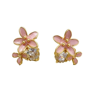Pink enamel flower earrings with sparkling zircon and 18K gold plated copper finish