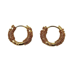 Irregular French wire-wrapped 18K gold-plated hoop earrings with woven metallic texture