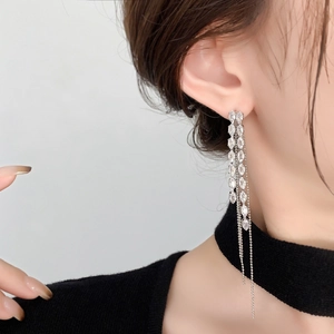 Elegant wheat leaf tassel earrings with sparkling marquise zircons and silver chain fringe