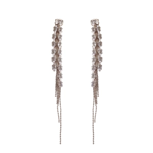 Silver wheat leaf tassel earrings with marquise zirconia and long dangling chain fringe