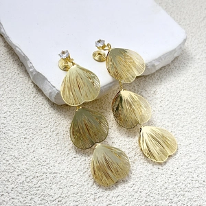 Geometric Hollow Petal Dangle Earrings Zircon 18K Gold Plated Copper Long Drop Jewelry For Women Non Pierced Ear Clips