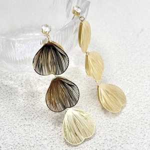 Golden long drop earrings with geometric zircon and three-layer fan-shaped metal petals