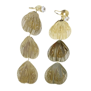 Golden geometric hollow petal earrings with zircon accents in a tiered filigree design