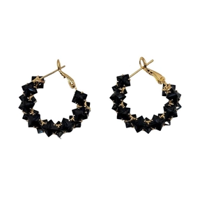 Chic gold-plated C-shaped hoop earrings with faceted black crystals for women