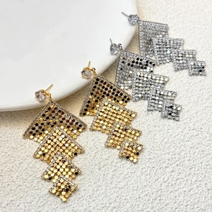 Retro Square Geometric Tassel Earrings Copper Zircon With 925 Sterling Silver Earring Post Fashion Hollow Tiered Jewelry