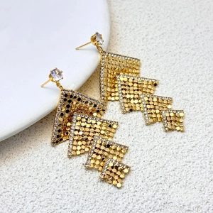 Elegant gold-plated geometric square tassel earrings with cubic zirconia stones