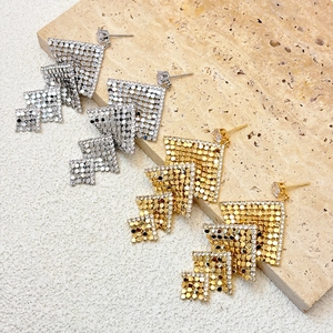 Retro geometric hollow square tassel earrings with gold and silver cubic zirconia