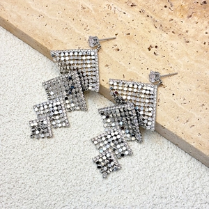 Silver geometric square fringe earrings with sparkling zircon tassels in a layered design