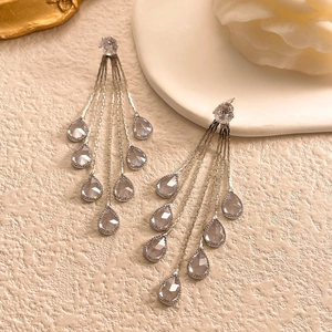 Detailed close-up of long silver tassel earrings with sparkling teardrop crystals