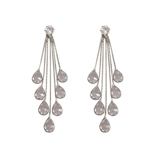 Silver tassel drop earrings featuring tiered metal chains and crystal water droplets