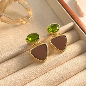 French Vintage Geometric Earrings Copper 18K Gold Plated Green Stone Brown Resin With 925 Sterling Silver Earring Post