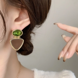 Vintage French style geometric gold earrings with green gems and brown triangle pendants