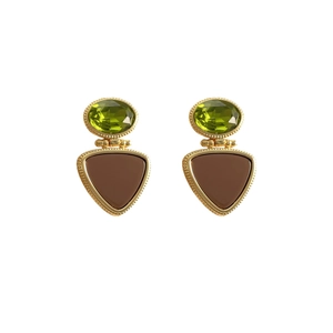 French vintage earrings with green faceted gems and brown triangular metal pendants