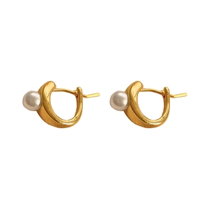 French style 18K gold plated C-shape pearl earrings with elegant minimalist design