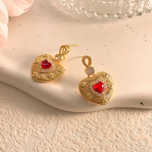 Vintage Heart Drop Earrings For Women 18K Gold Plated Copper With Red Heart Zircon And White Sparkling Stones Elegant