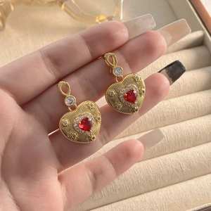 Retro 18K gold plated heart earrings with red crystal and sparkling zirconia accents
