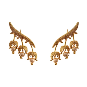 Sparkling gold branch earrings with zircon inlay and hanging round pearls on white base