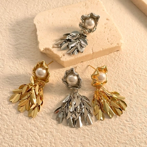 Tassel Drop Earrings With 925 Sterling Silver Earring Post Copper Leaf Dangle Faux Artificial Pearl Retro Elegant Women Jewelry