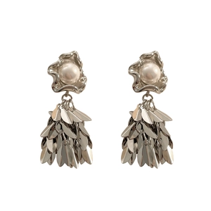 Elegant silver tassel earrings with round pearls and polished metallic leaf clusters